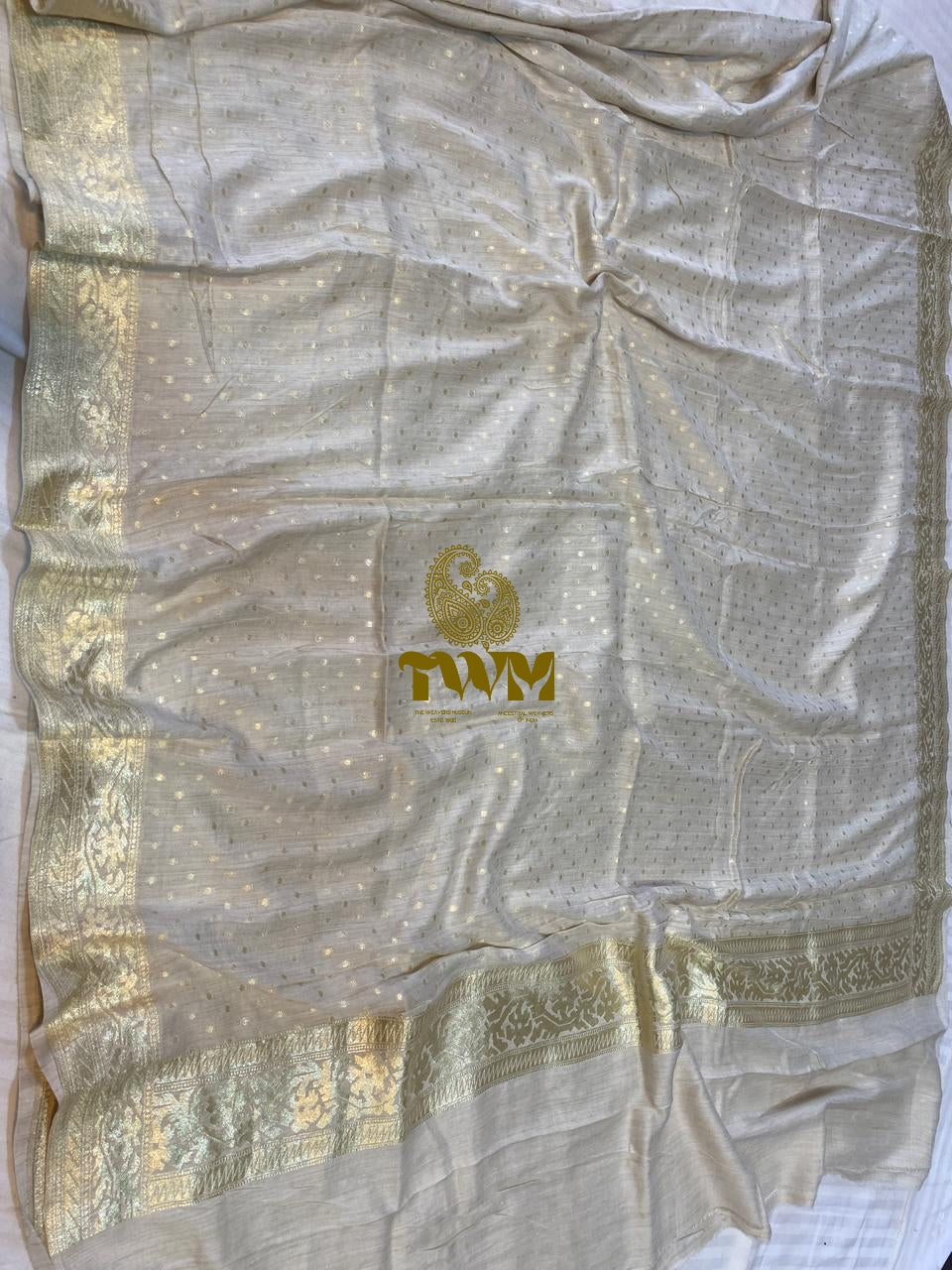 Silk Munga Dupatta with gold patterns and 'TWM' logo on a white background