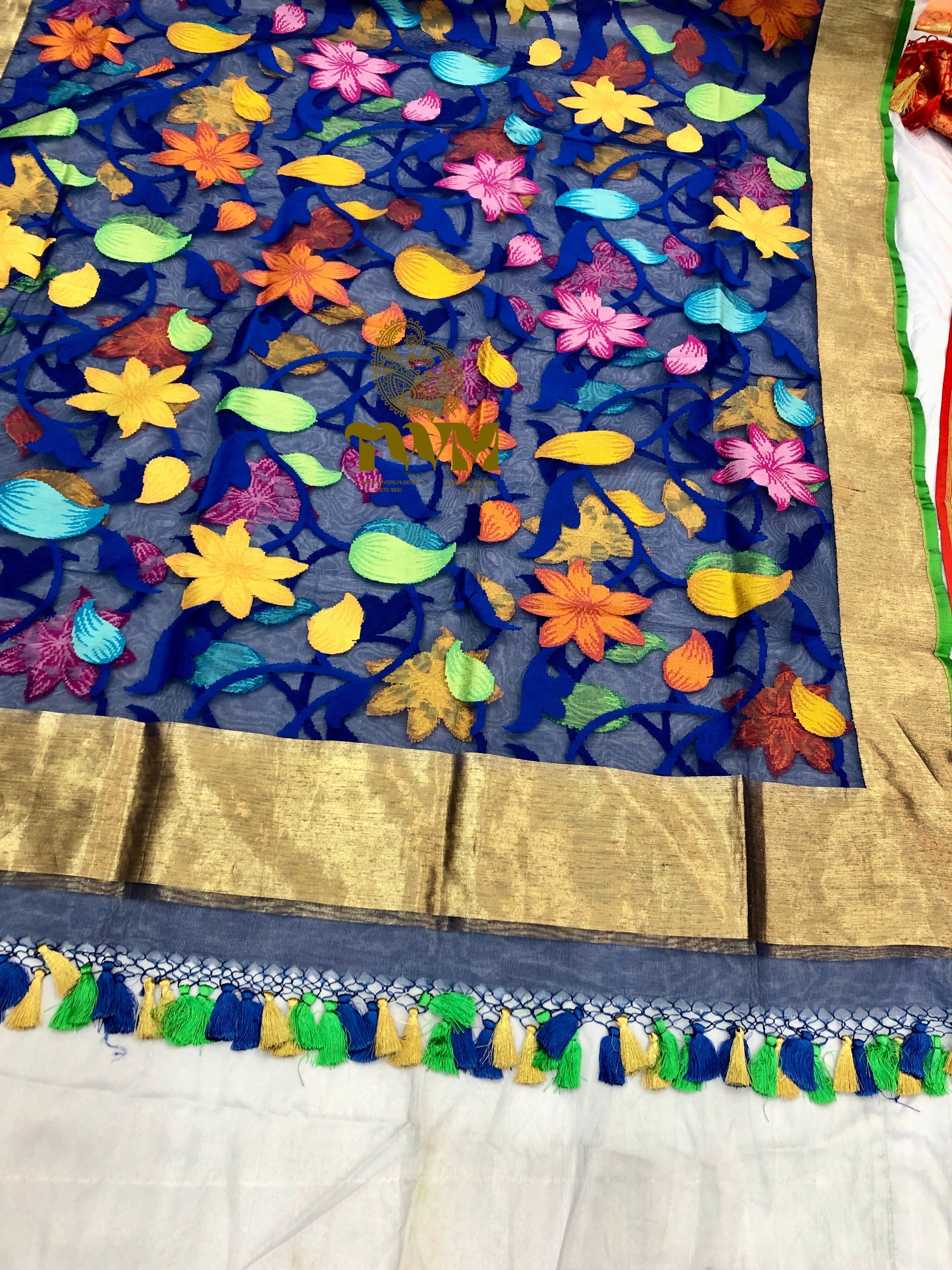Colorful floral patterned Hand Woven Dupatta with a gold border