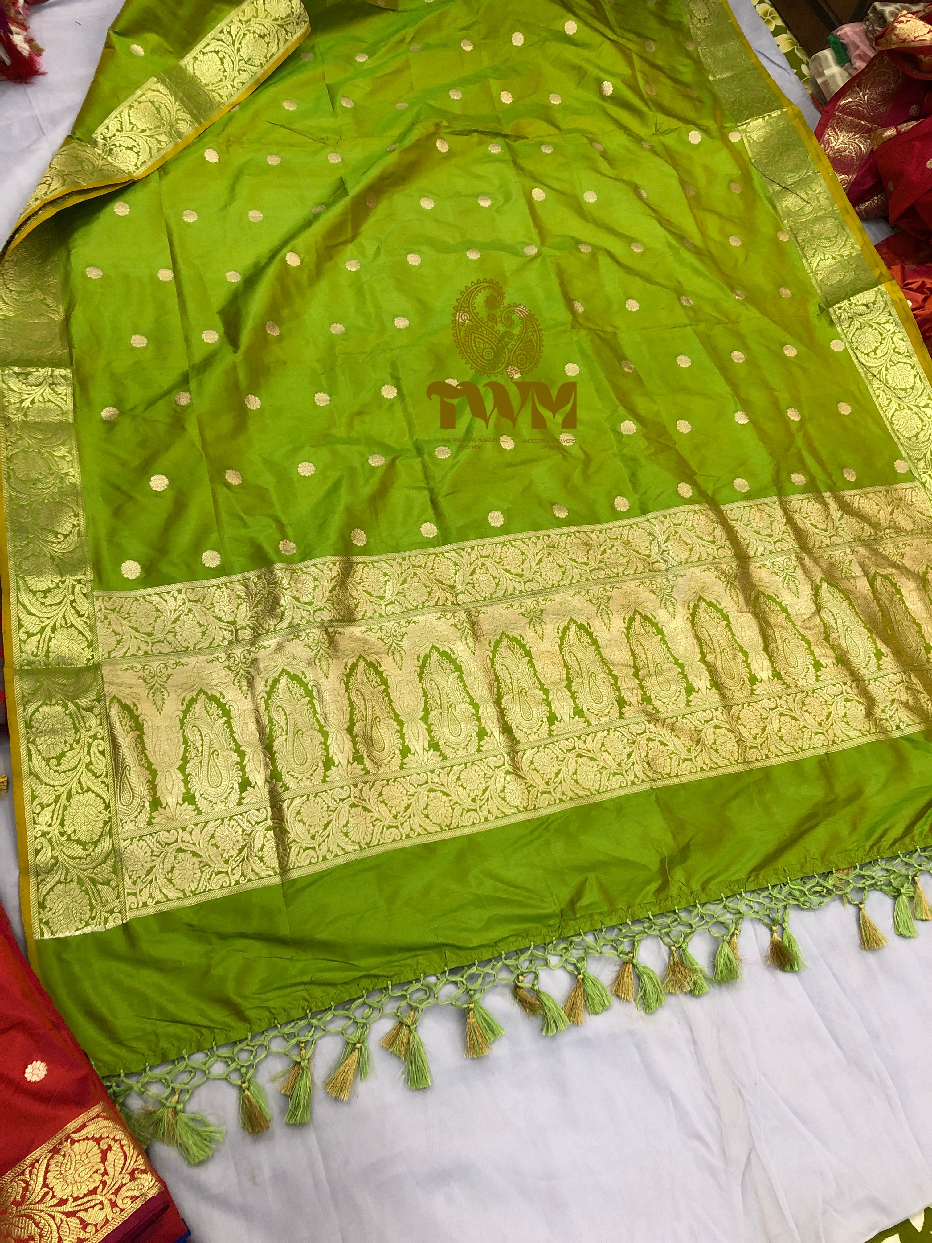 Olive Green Dupattas with gold border and patterns on a white background