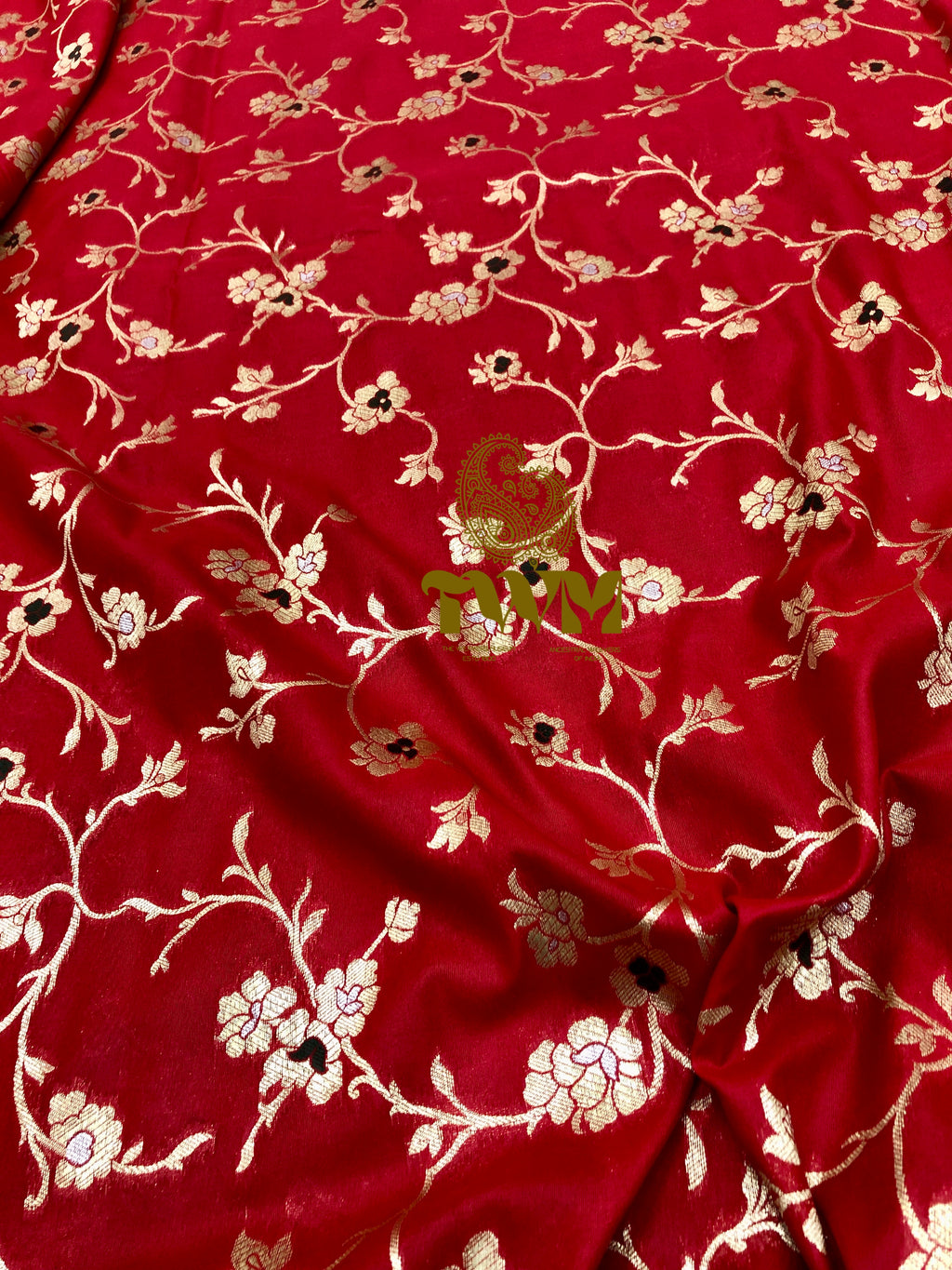 Red fabric with floral and bird pattern