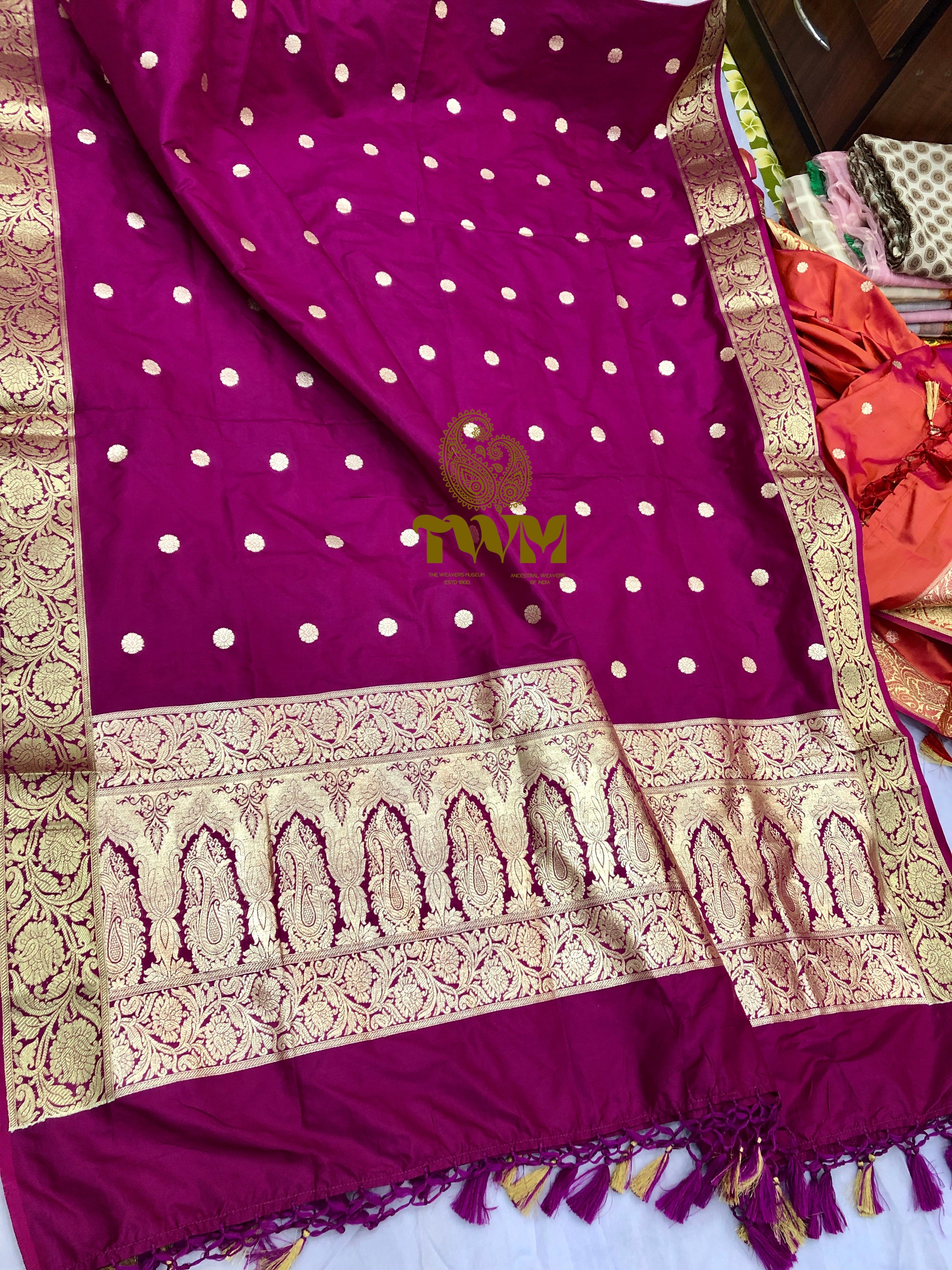 Purple Dupatta with white polka dots and gold border on a white background