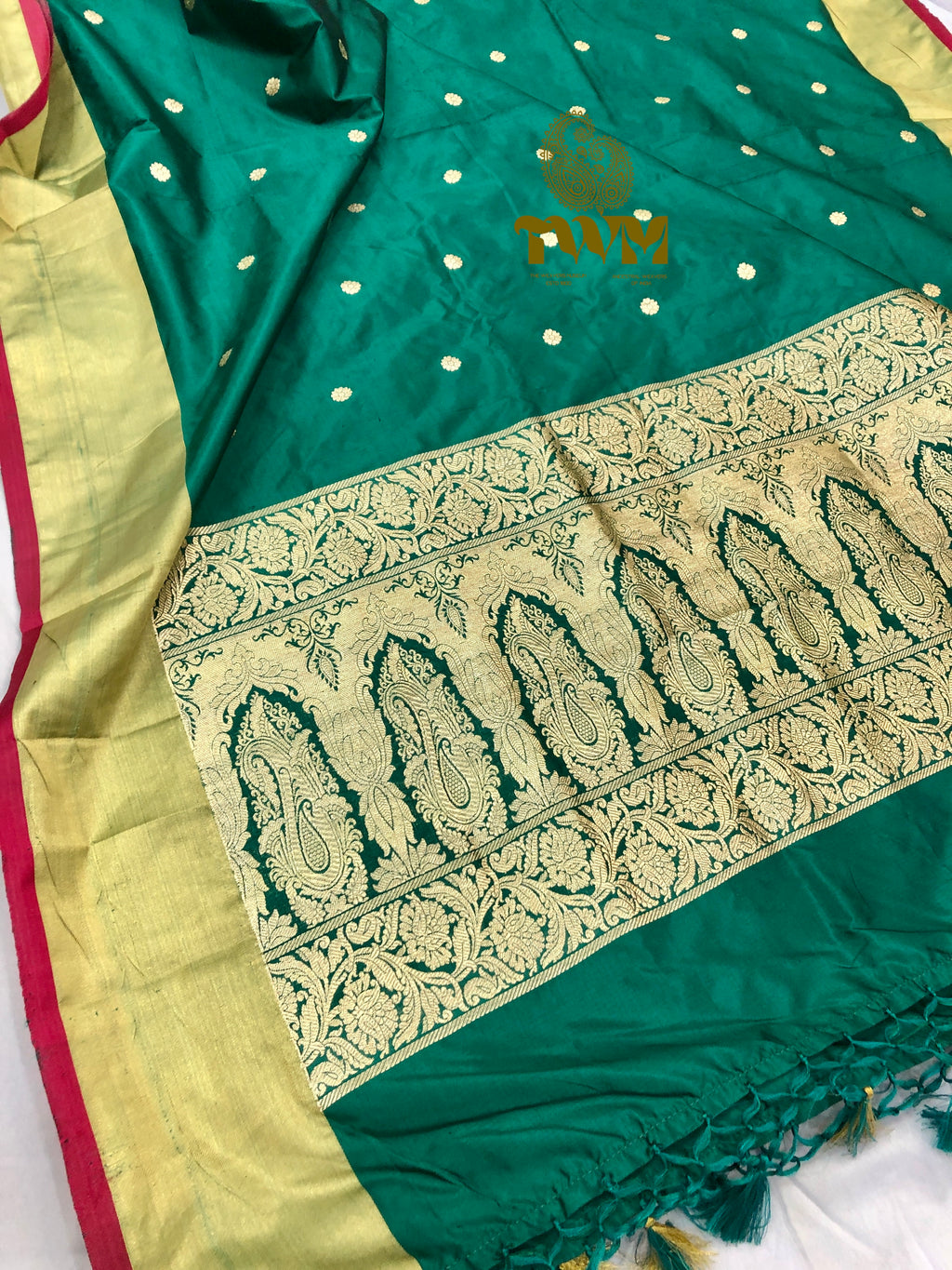 Green Dupatta with gold border and patterns on a white background