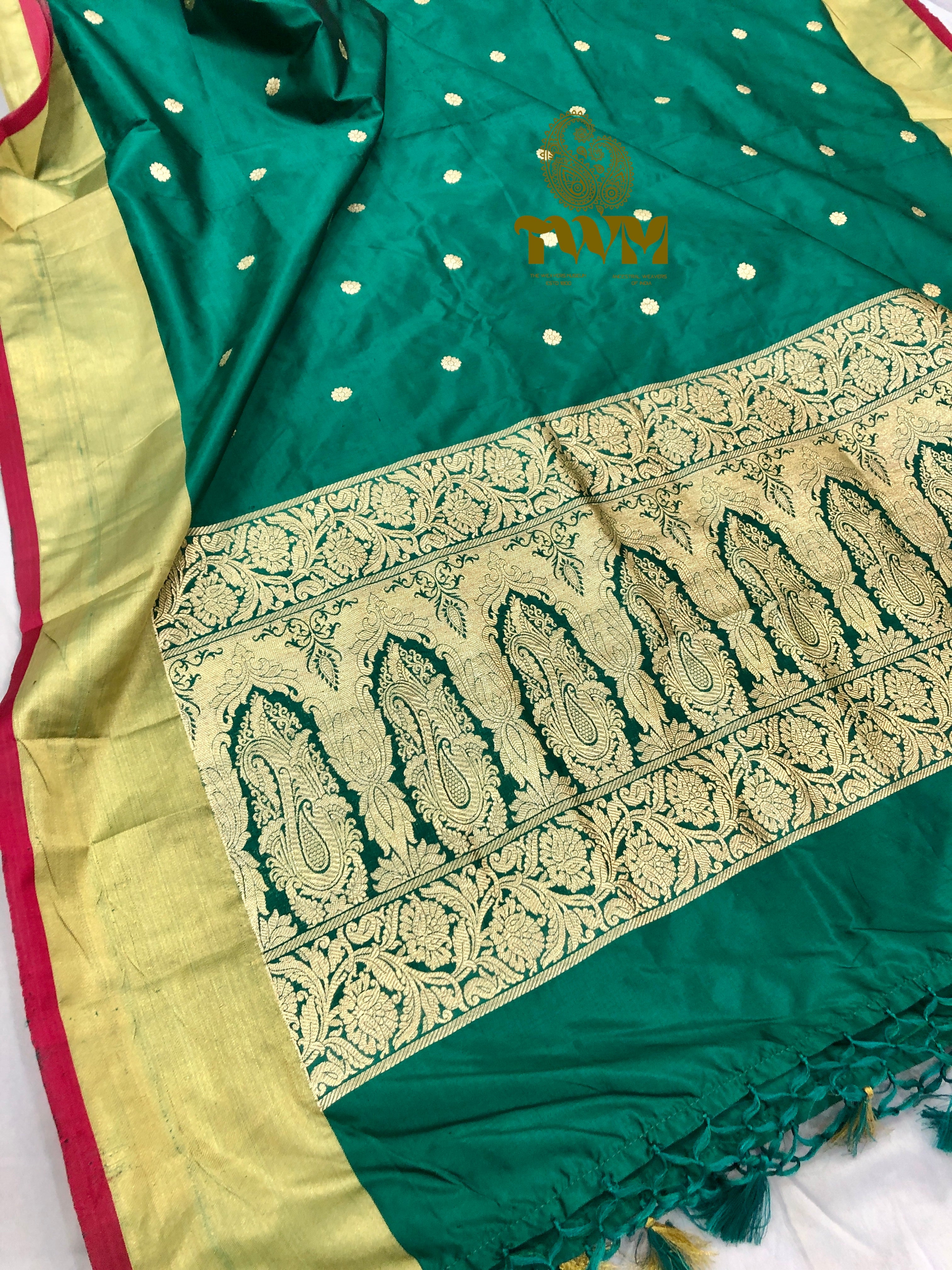 Green Dupatta with gold border and patterns on a white background